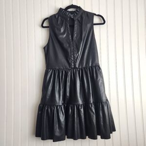 FATE Black Faux Leather Ruffle Neck Sleeveless Tiered Mini Dress Small